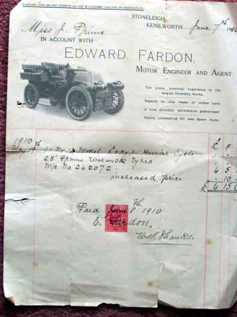 Invoice for bicycle sale by Edward Fardon in 1910